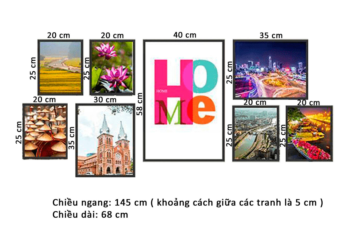 Bộ 8 Tranh Đồng Lúa, Nón Lá, Hoa Súng, Quotes Và Khung Cảnh Sài Gòn - HD006
