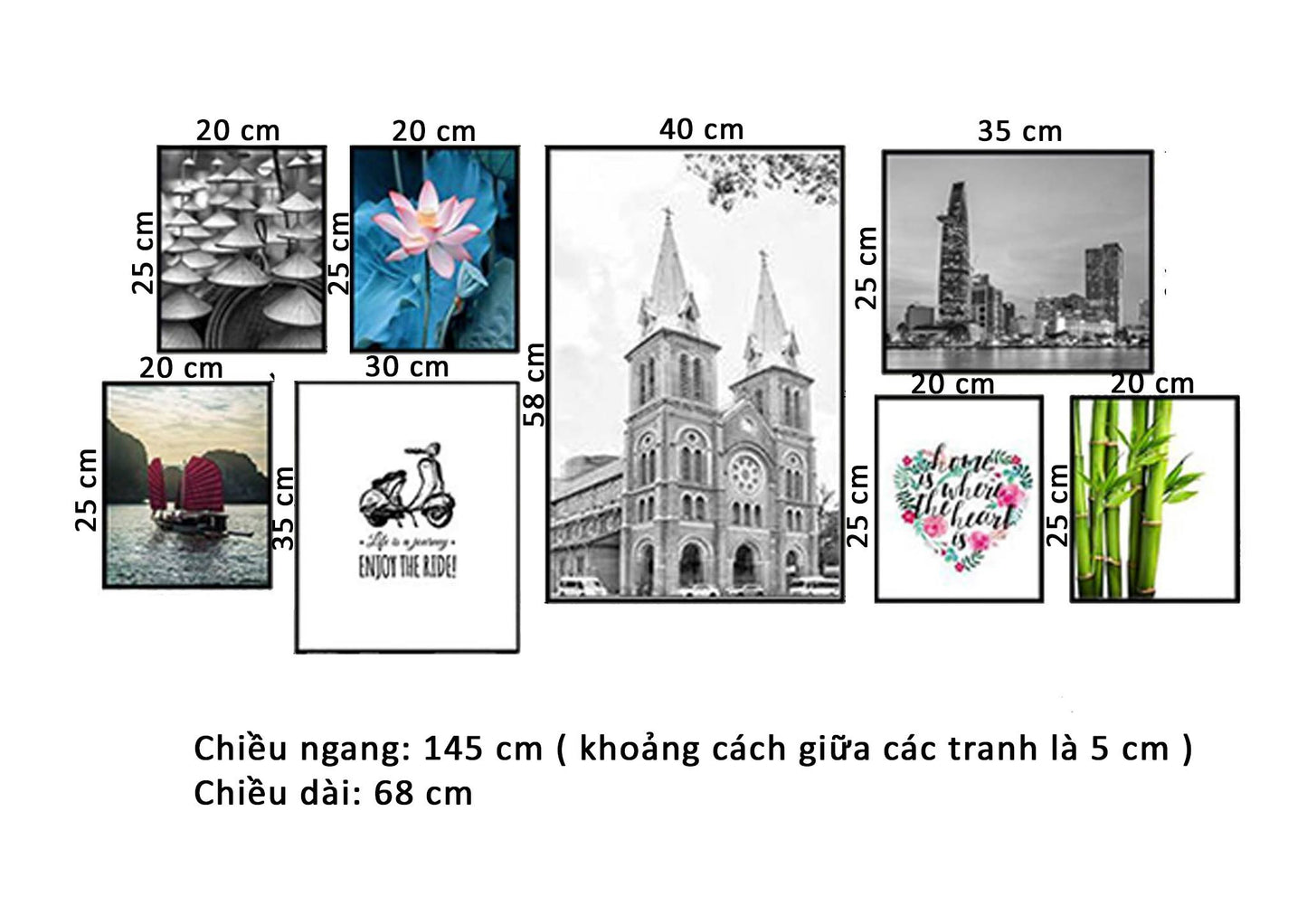 Bộ 8 Tranh Nón Lá, Hoa Súng, Chiếc Thuyền, Quotes, Nhánh Tre Và Khung Cảnh Sài Gòn - HD032