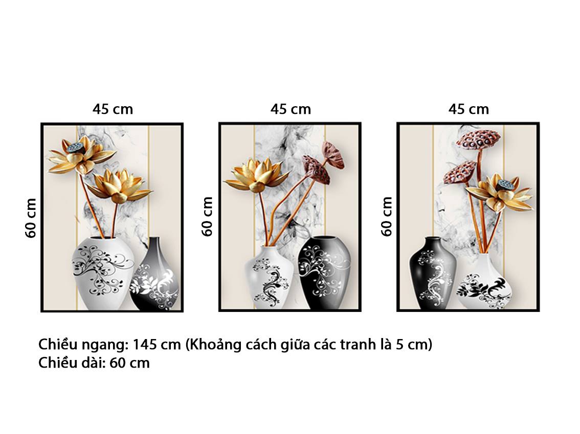 Bộ 3 Tranh Bình Hoa Sen Vàng - NT167