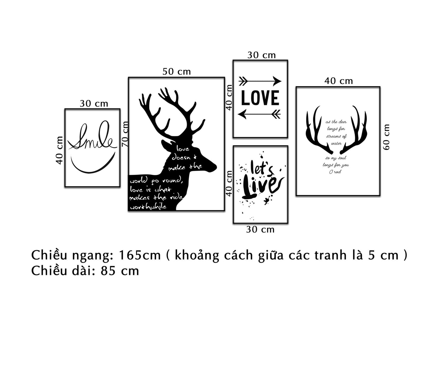 Bộ 5 Tranh Sừng Hươu Sắc Đen Và Quotes - NT241