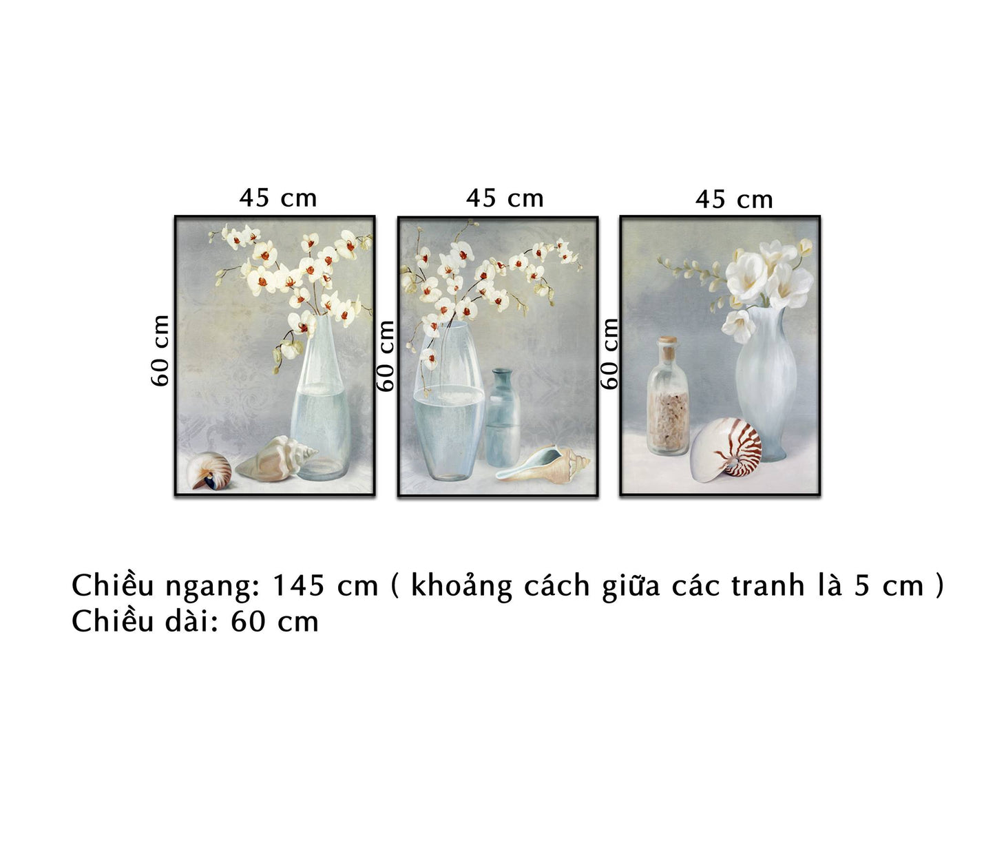 Bộ 3 Tranh Bình Hoa Trắng Ấn Tượng - NT231