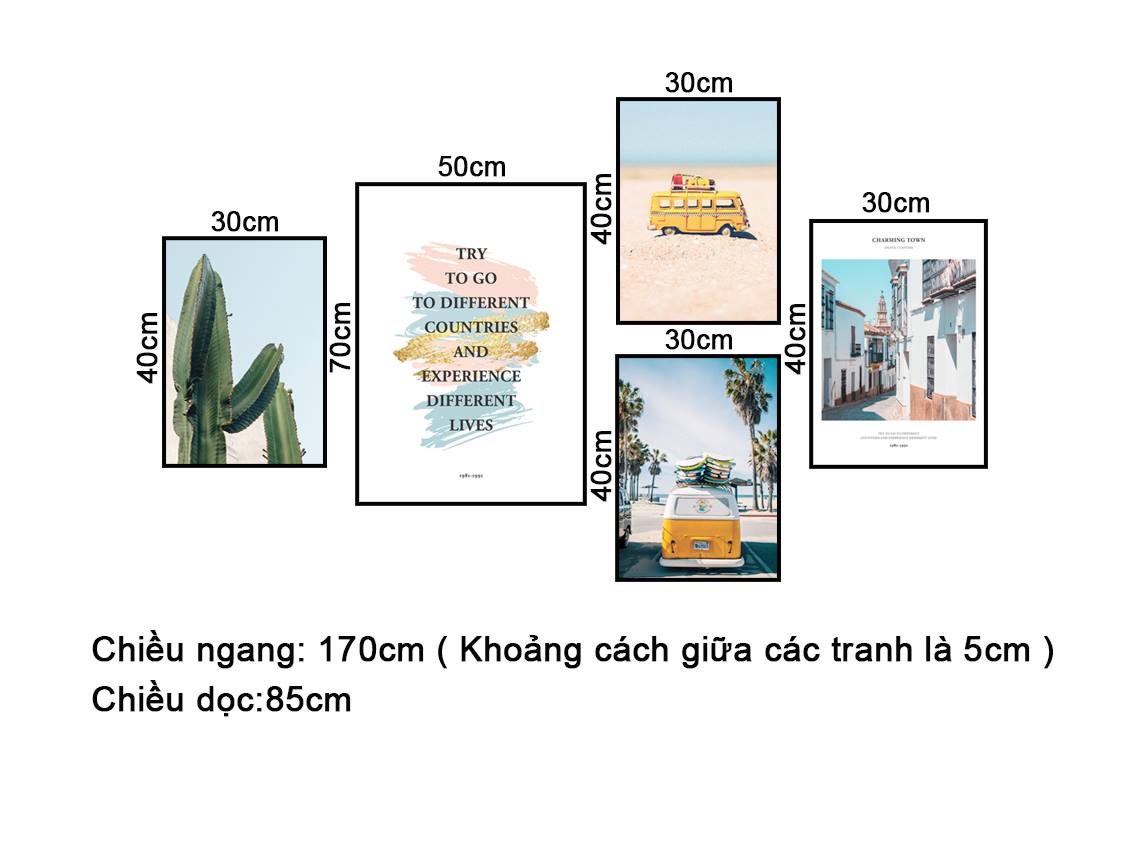 Bộ 5 Tranh Xương Rồng, Những Chiếc Xe Vàng, Khu Phố Và Quotes - NT200