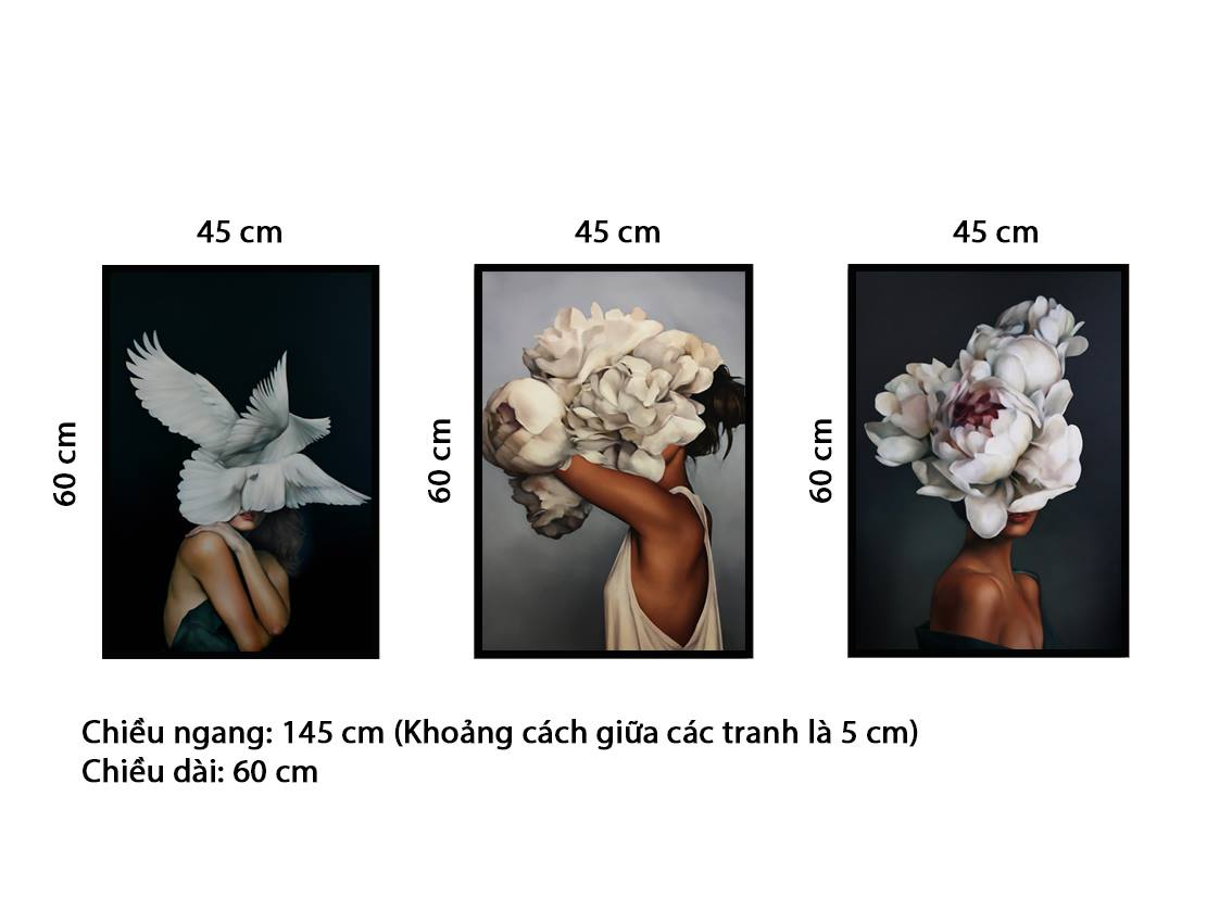 Bộ 3 Tranh Cô Gái, Hoa Và Chim - NT179
