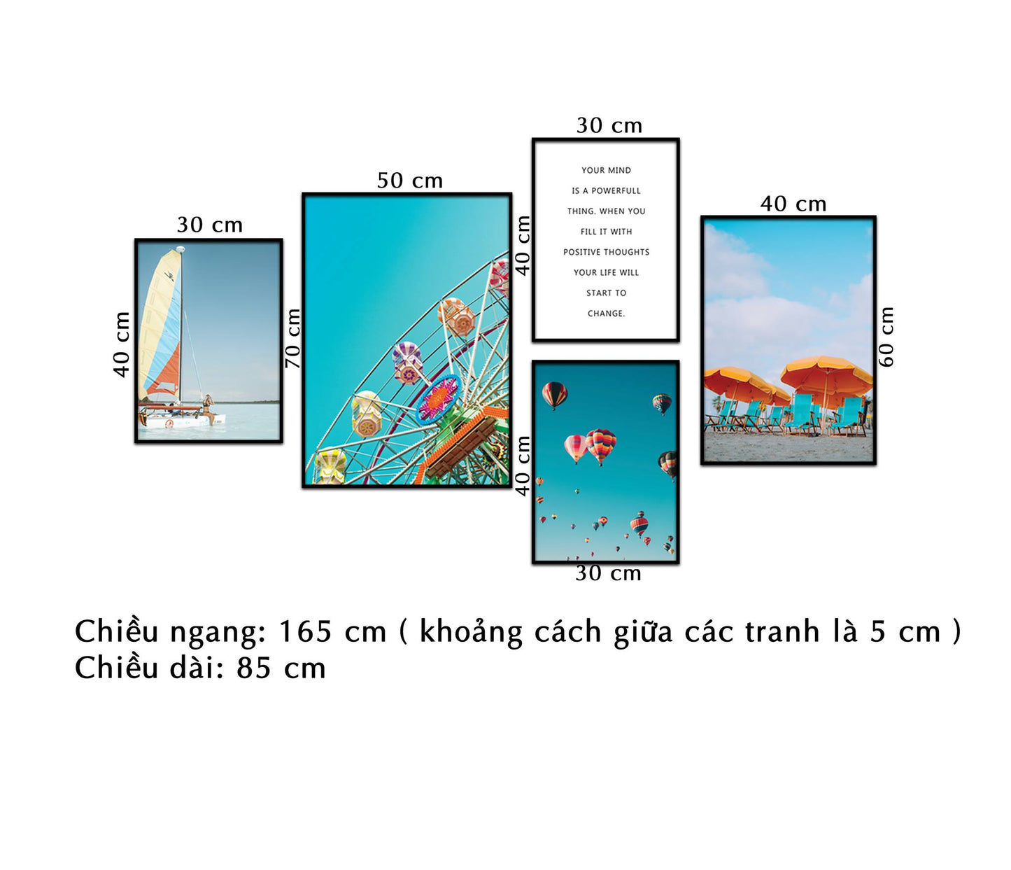 Bộ 5 Tranh Cánh Buồm, Vòng Quay, Khinh Khí Cầu, Những Chiếc Ô Và Quotes - NT215