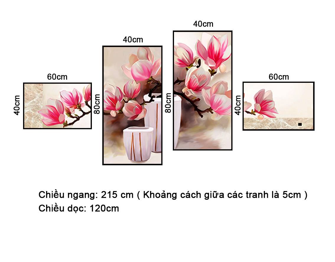 Bộ 4 Tranh Hoa Tone Trắng Hồng - NT146