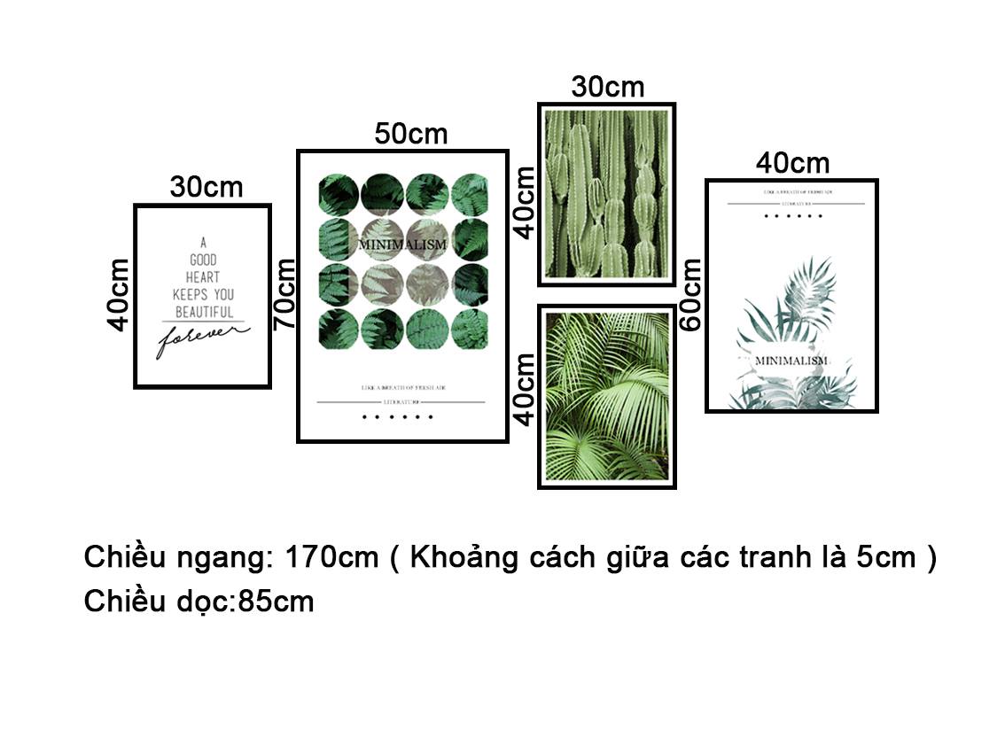 Bộ 5 Tranh Lá Cây Xanh, Xương Rồng Và Quotes - NT210