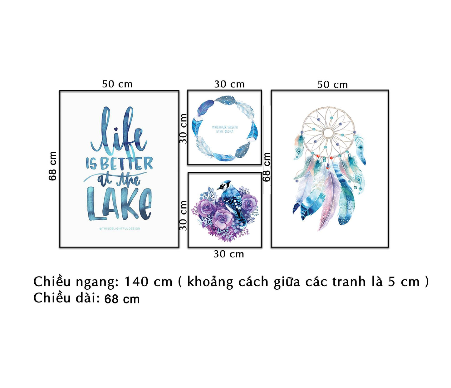 Bộ 4 Tranh Hoa Lá, Dream Catcher Và Quotes - NT206