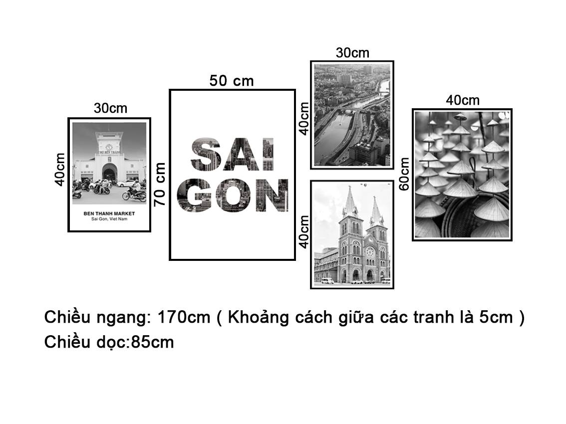 Bộ 5 Tranh Sài Gòn Trắng Đen - NT188