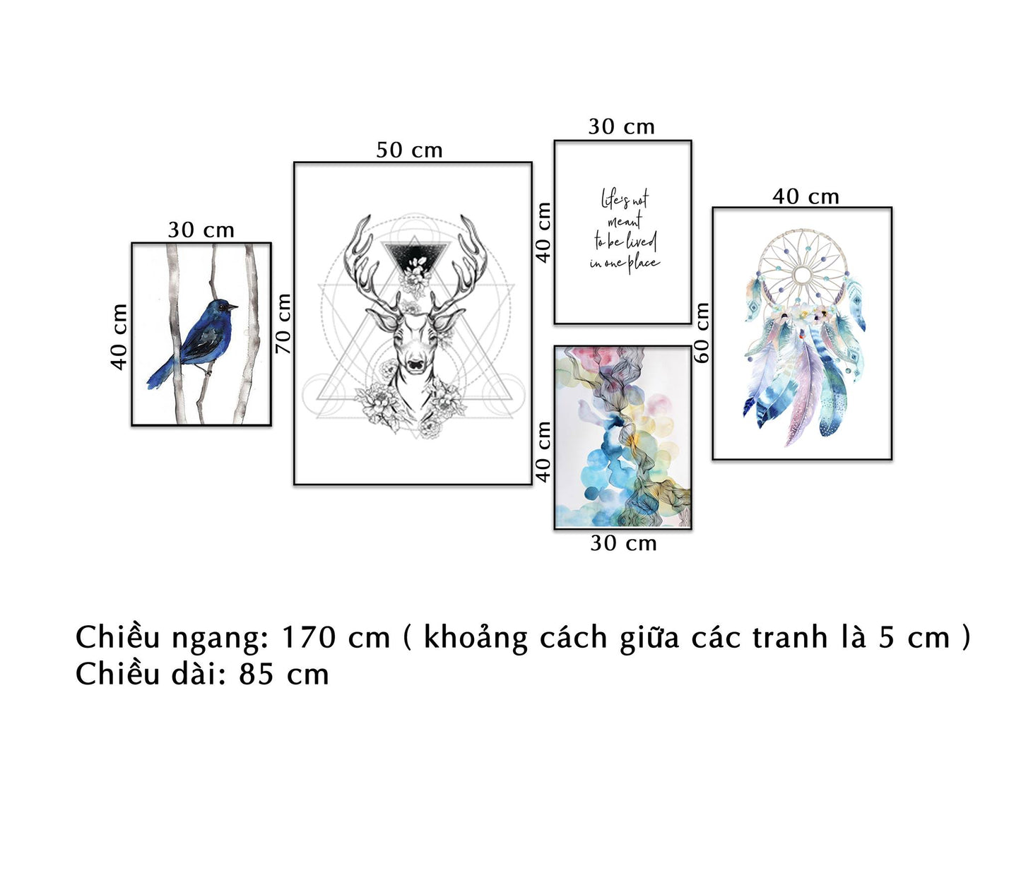 Bộ 5 Tranh Hươu, Chim, Dream Catcher, Trừu Tượng Và Quotes - NT143