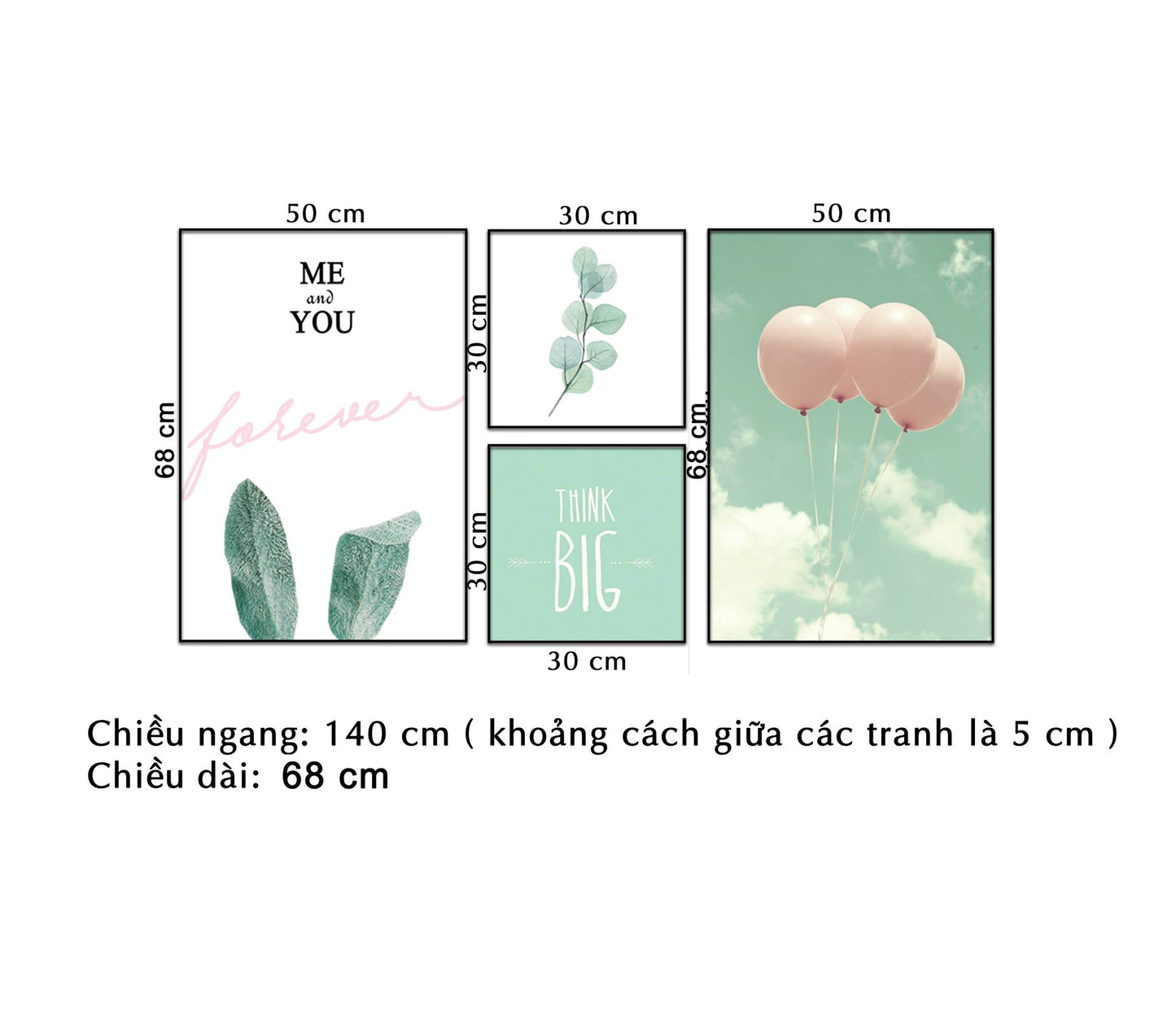 Bộ 4 Tranh Lá Xanh, Bong Bóng Và Quotes - NT216