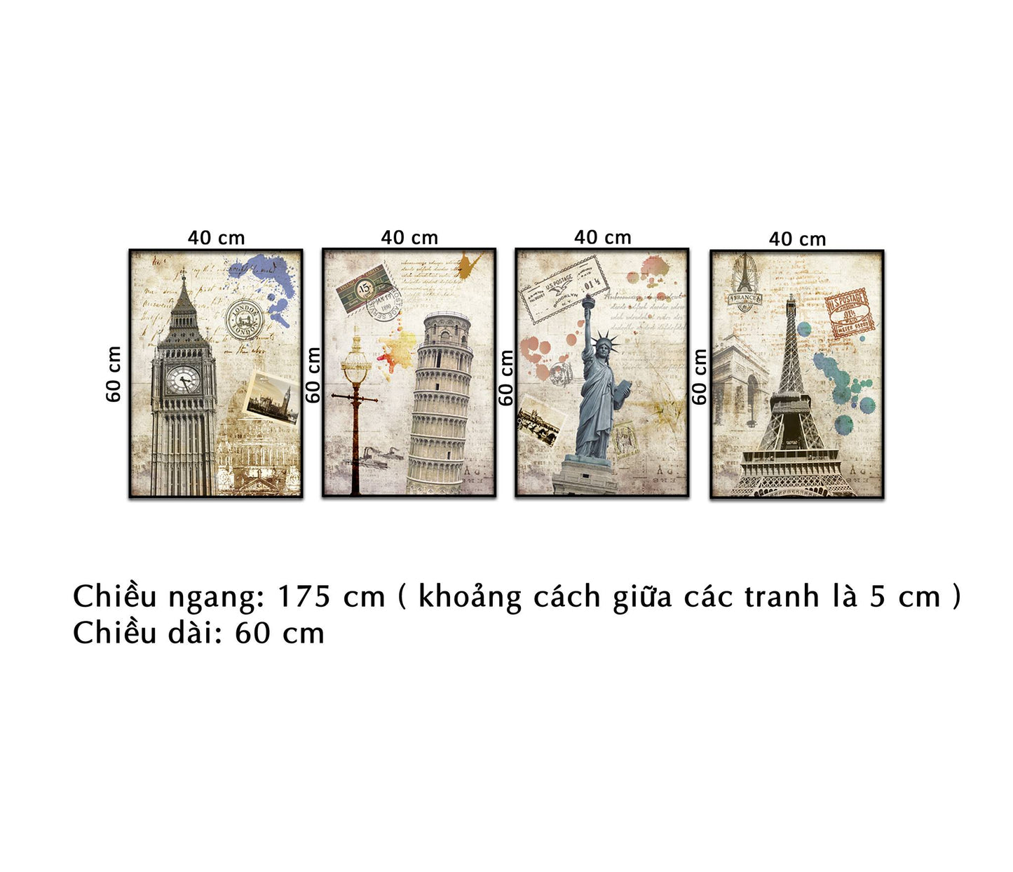 Bộ 4 Tranh Tháp Big Ben, Tháp Nghiêng, Tượng Nữ Thần Tự Do Và Tháp Eiffel - NT236