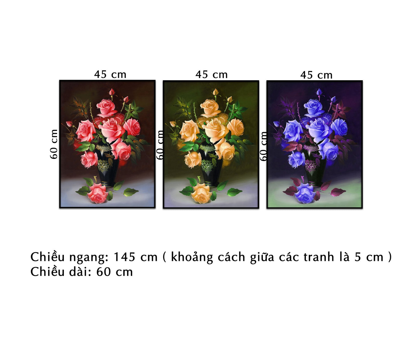 Bộ 3 Tranh Bình Hoa Hồng Tam Sắc - HD746