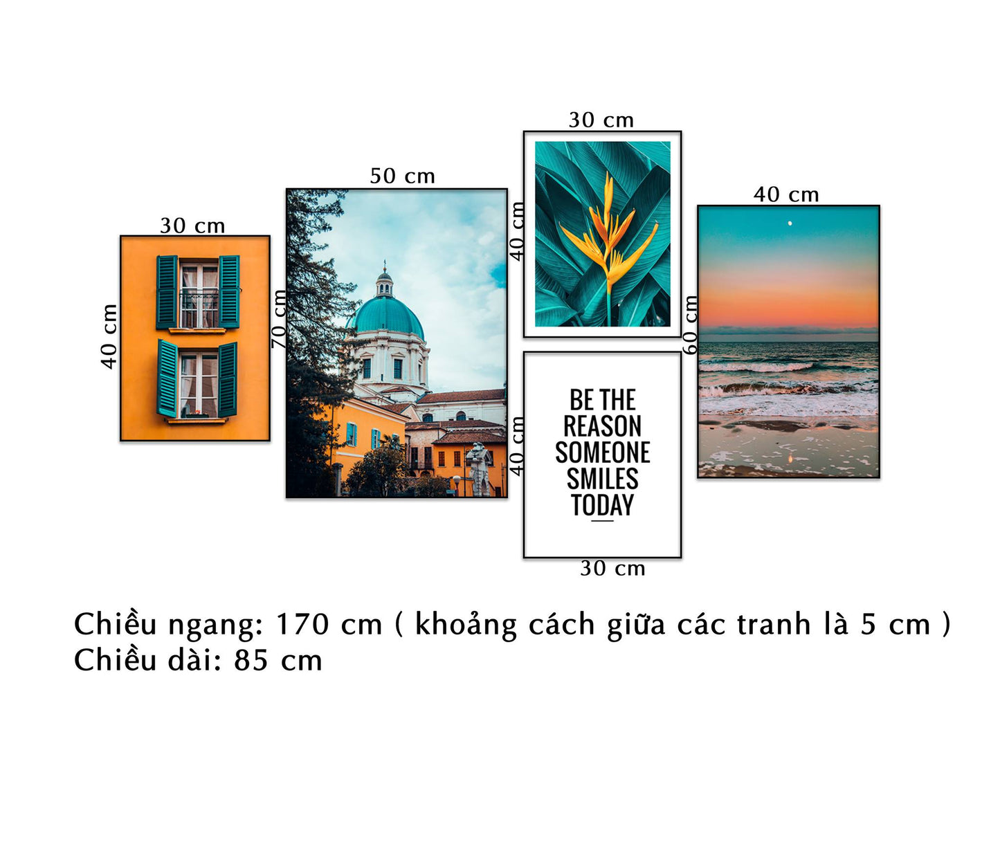 Bộ 5 Tranh Biển Cả, Lá Cây, Khung Cửa Sổ, Khu Phố Và Quotes - NT090