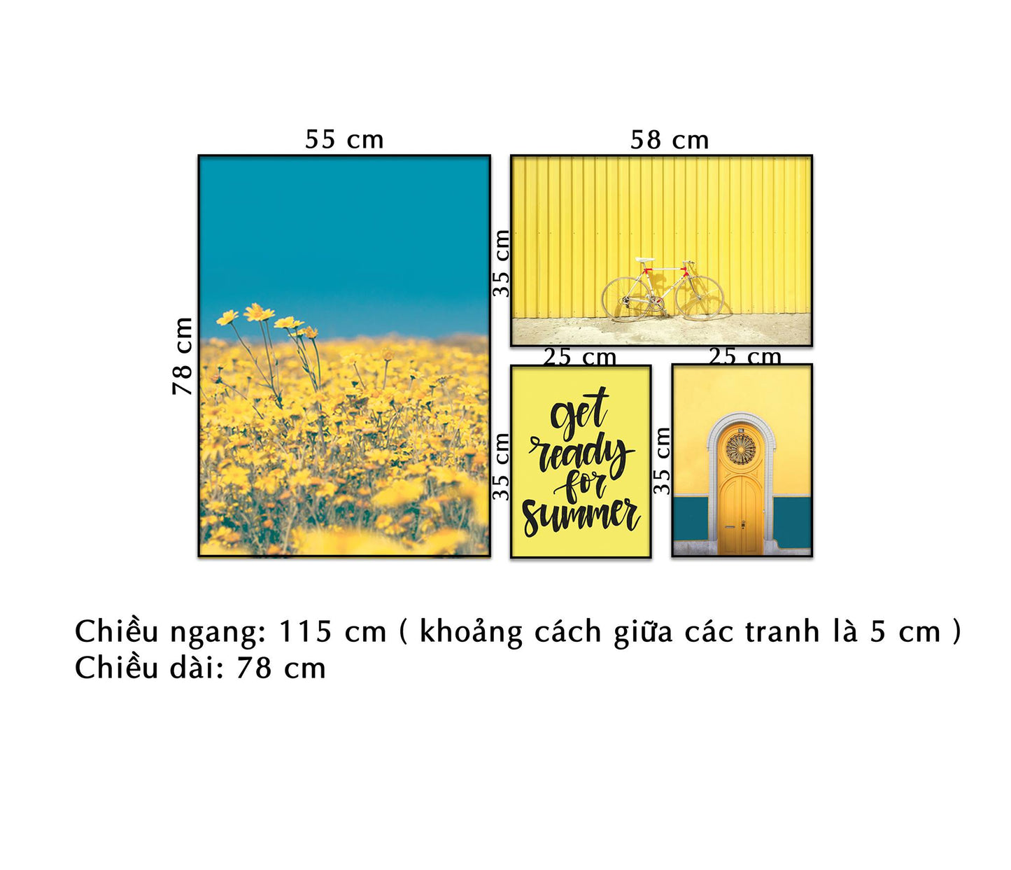 Bộ 4 Tranh Vườn Hoa, Sắc Vàng Rực Rỡ Và Quotes - NT074