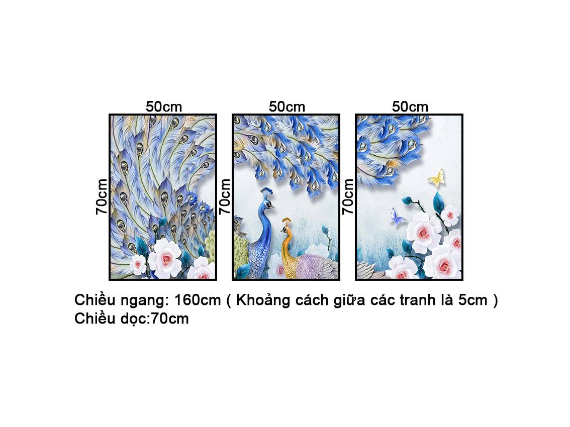 Bộ 3 Tranh Đôi Chim Công Sắc Xanh Bên Vườn Hoa Trắng - NT363