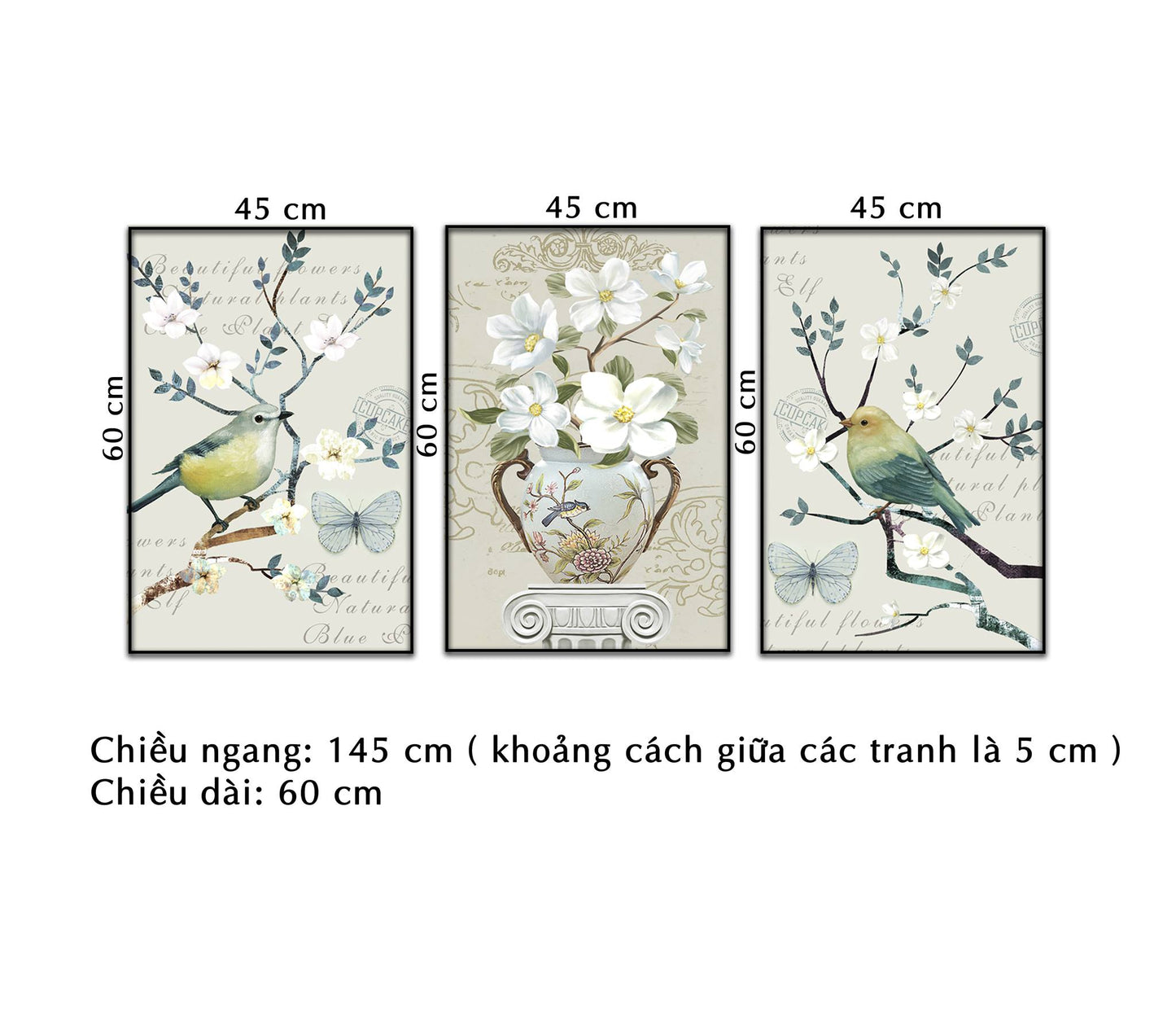 Bộ 3 Tranh Chú Chim Non Trên Cành Hoa Trắng - NT293