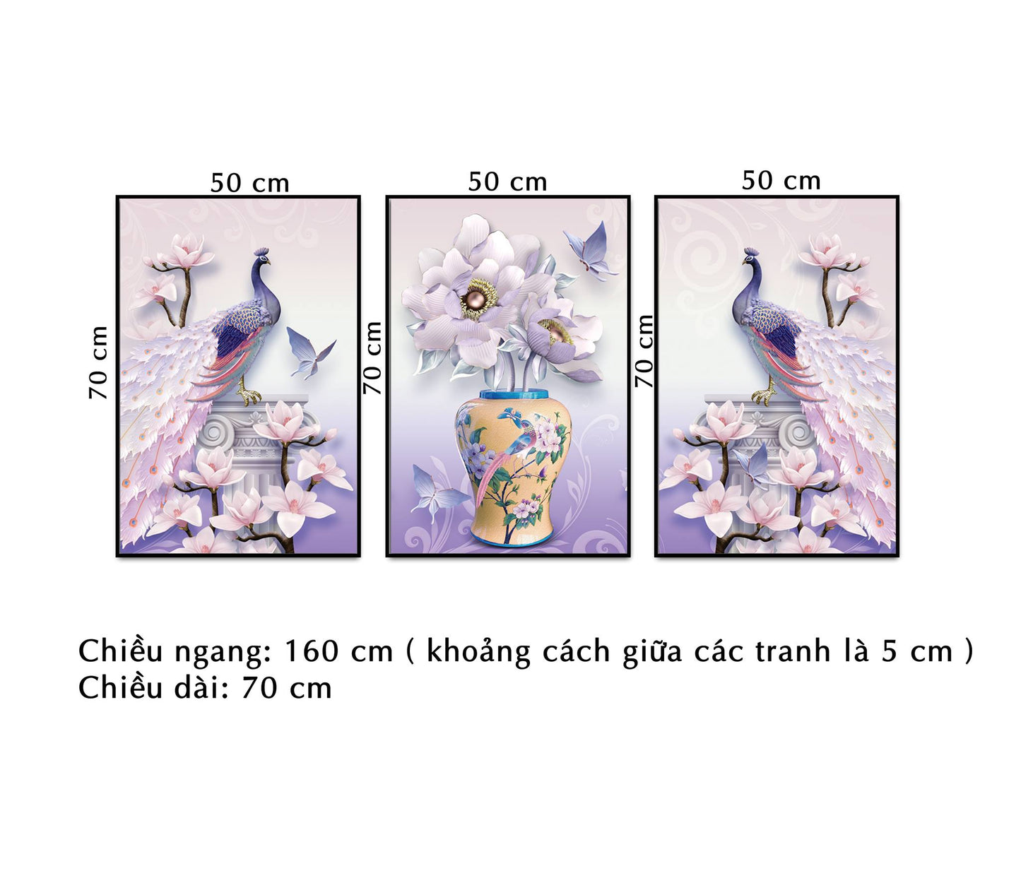 Bộ 3 Tranh Chim Công Và Bình Hoa Sắc Tím - NT271