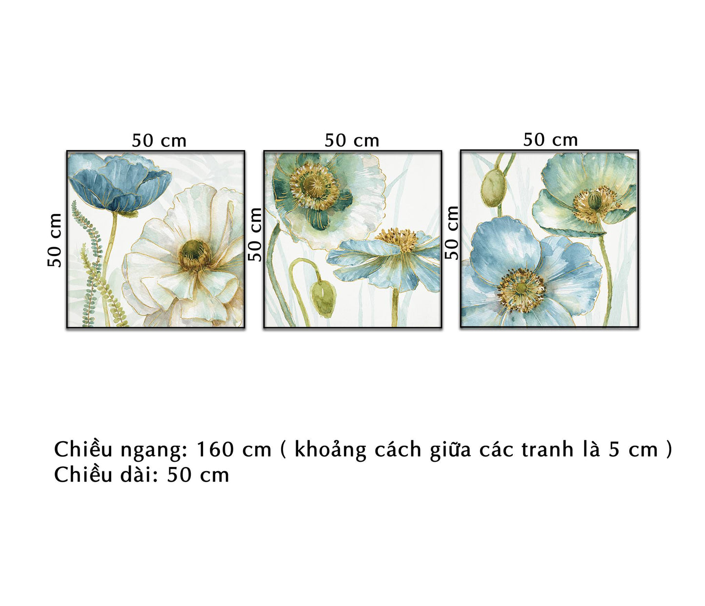 Bộ 3 Tranh Hoa Xanh Trắng Nhẹ Nhàng - NT265