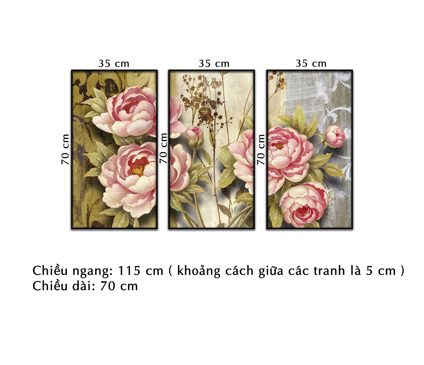Bộ 3 Tranh Hoa Mẫu Đơn Nở Rộ - NT345