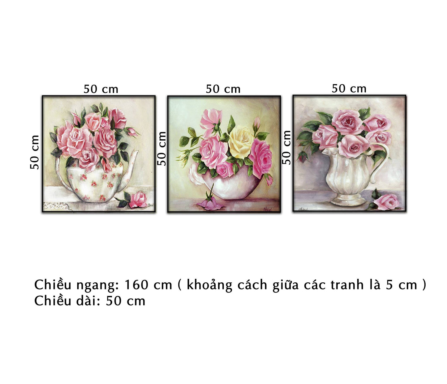 Bộ 3 Tranh Tĩnh Vật Bình Hoa Hồng Nhẹ Nhàng - NT326