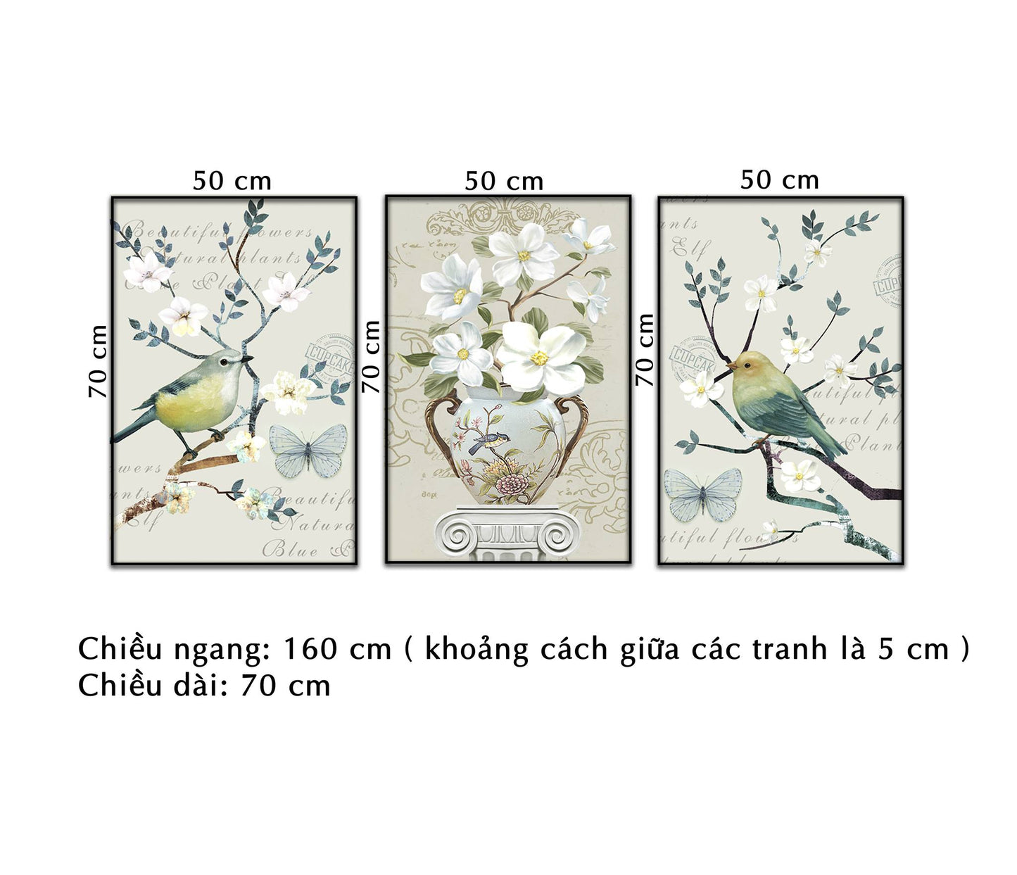 Bộ 3 Tranh Chú Chim Non Trên Cành Hoa Trắng - NT293