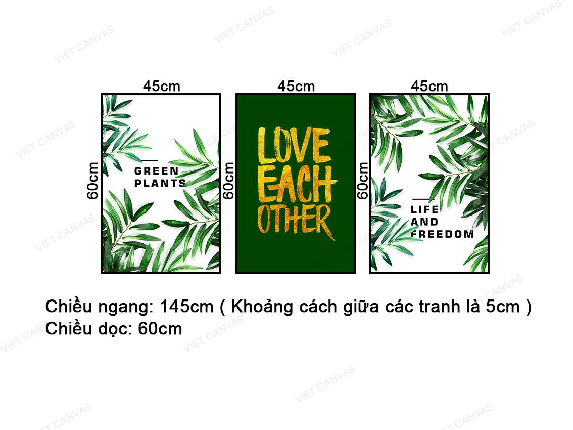 Bộ 3 Tranh Lá Cây Xanh Và Quotes Love Each Other - NT417
