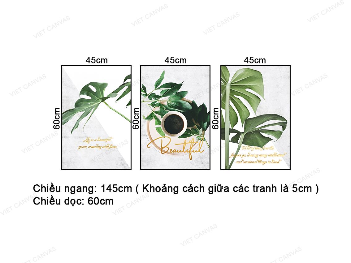 Bộ 3 Tranh Tách Cà Phê Và Lá Cây Xanh - NT414