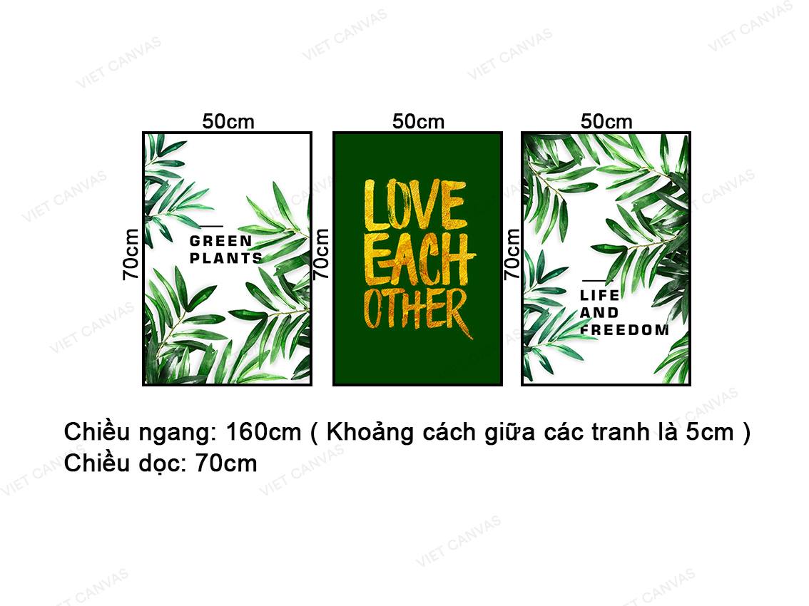 Bộ 3 Tranh Lá Cây Xanh Và Quotes Love Each Other - NT417