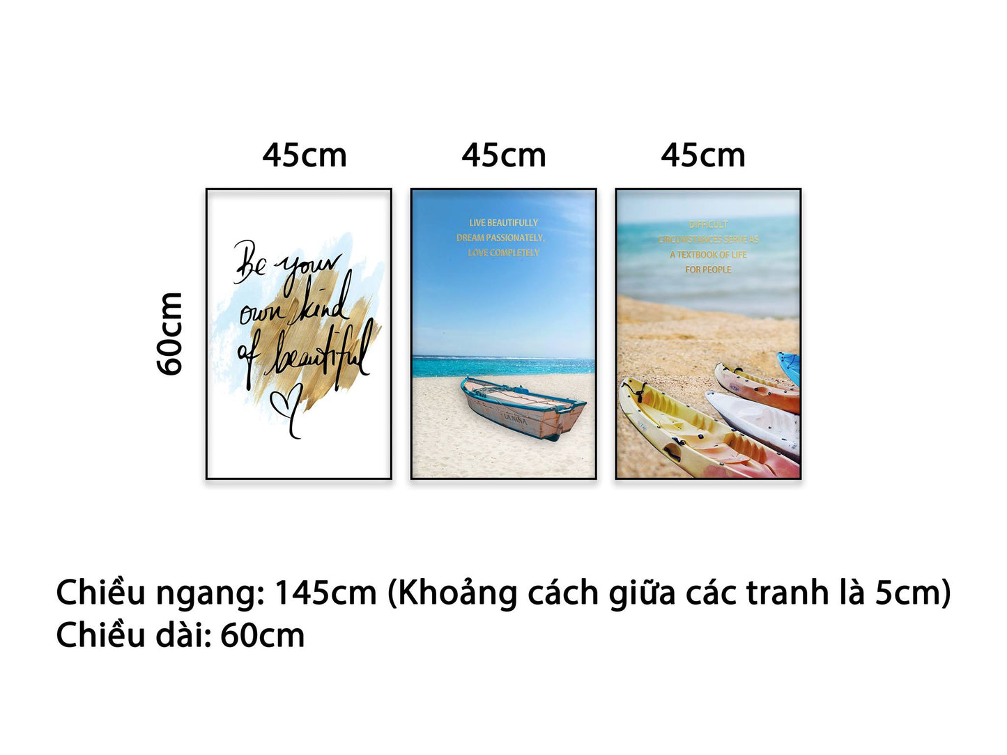 Bộ 3 Chiếc Thuyền Trên Bãi Biển Và Quotes Tranh Be Your Own Kind Of Beautiful - NT463