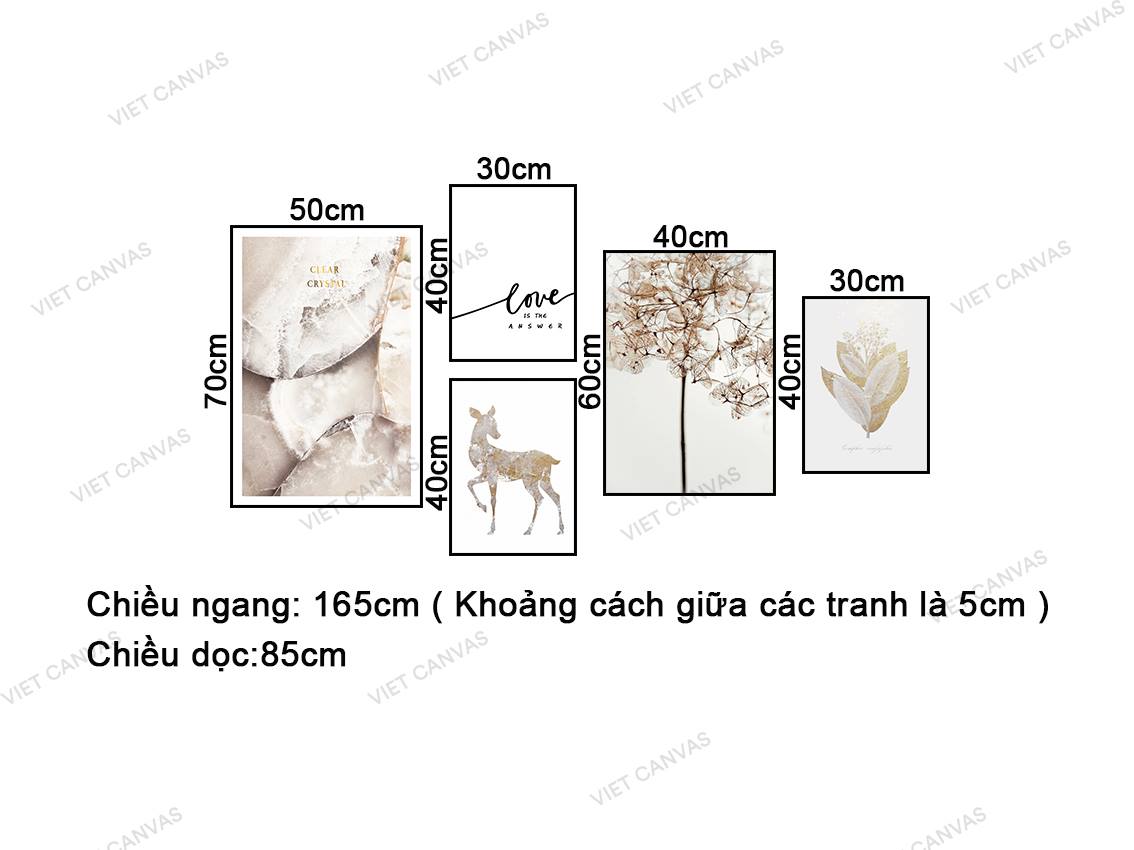 Bộ 5 Tranh Cây, Hươu, Nhánh Hoa Và Quotes Love Is The Answer - NT405