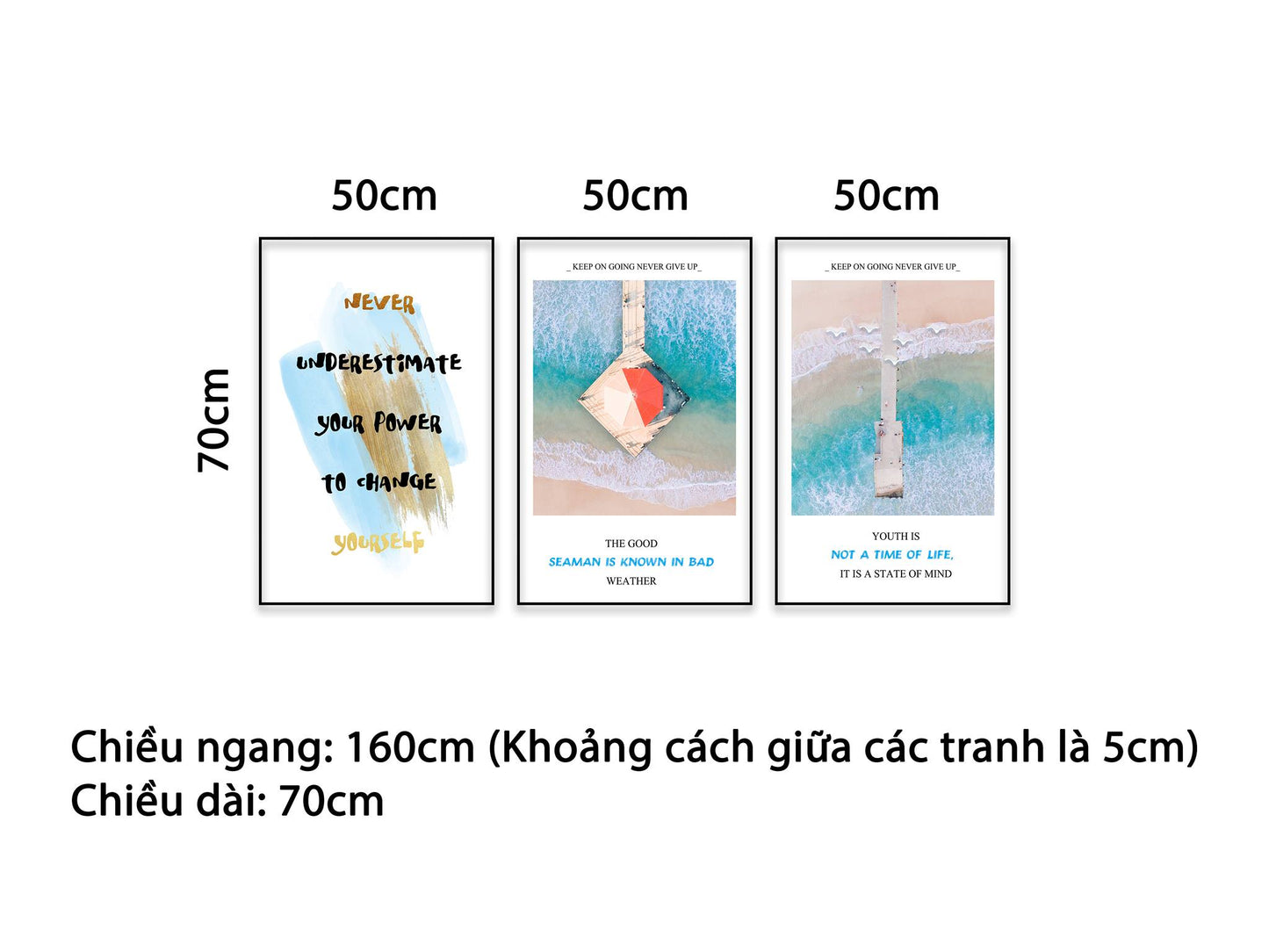 Bộ 3 Tranh Biển Xanh Và Quotes - NT462