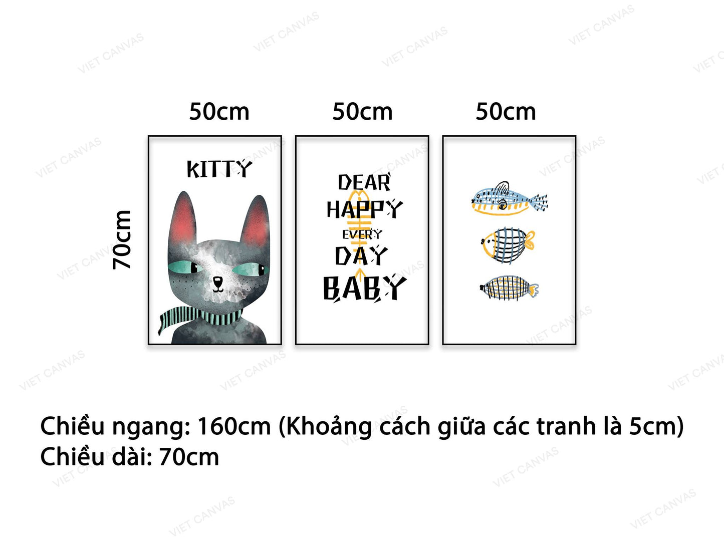 Bộ 3 Tranh Mèo, Cá Và Quotes Be Happy Every Day - NT510