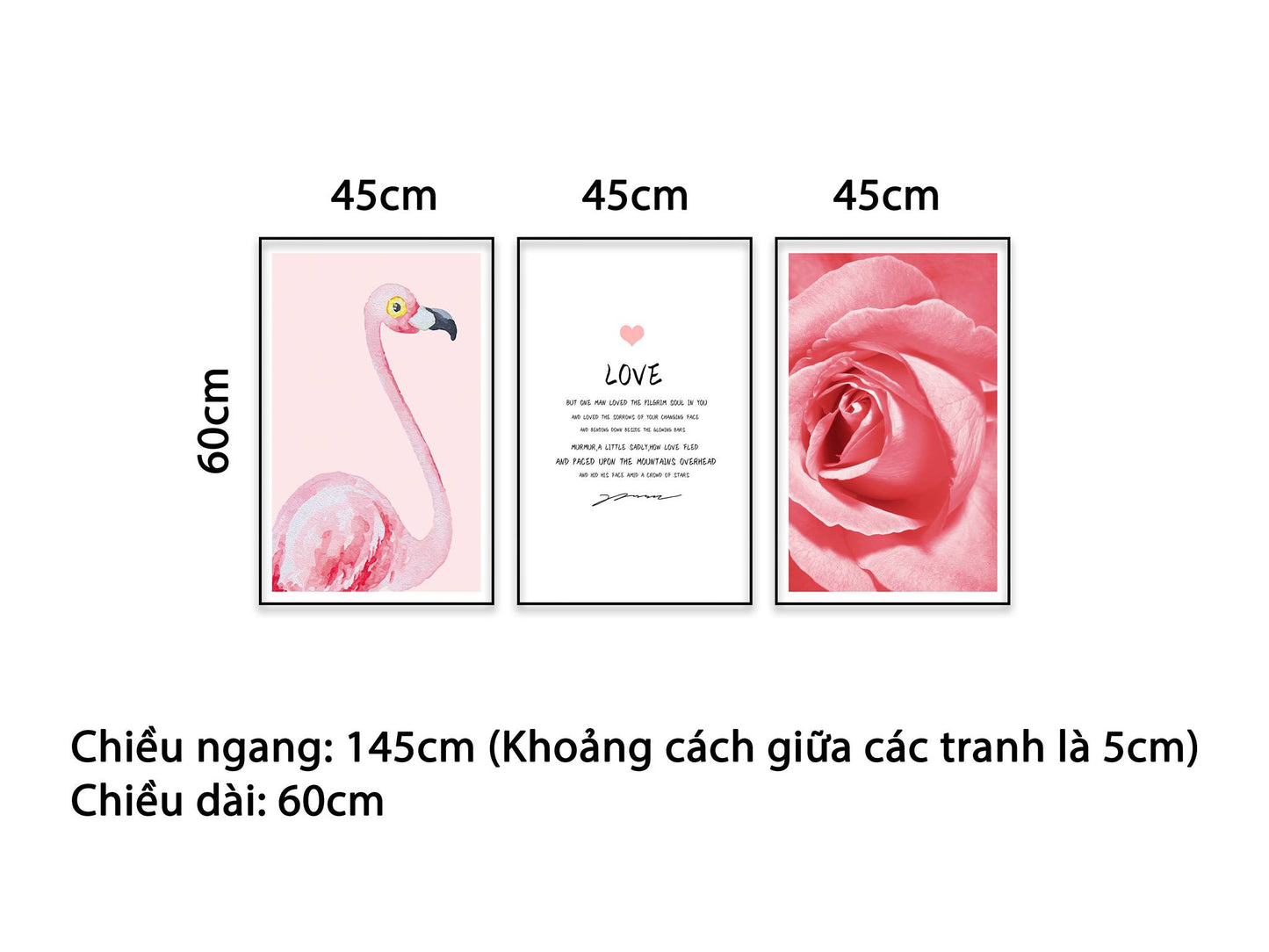 Bộ 3 Tranh Hồng Hạc, Hoa Hồng Và Quotes - NT500