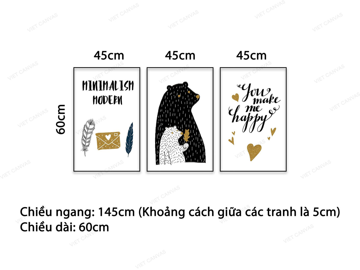 Bộ 3 Tranh Chú Gấu, Cánh Lông Vũ Và Quotes- NT536