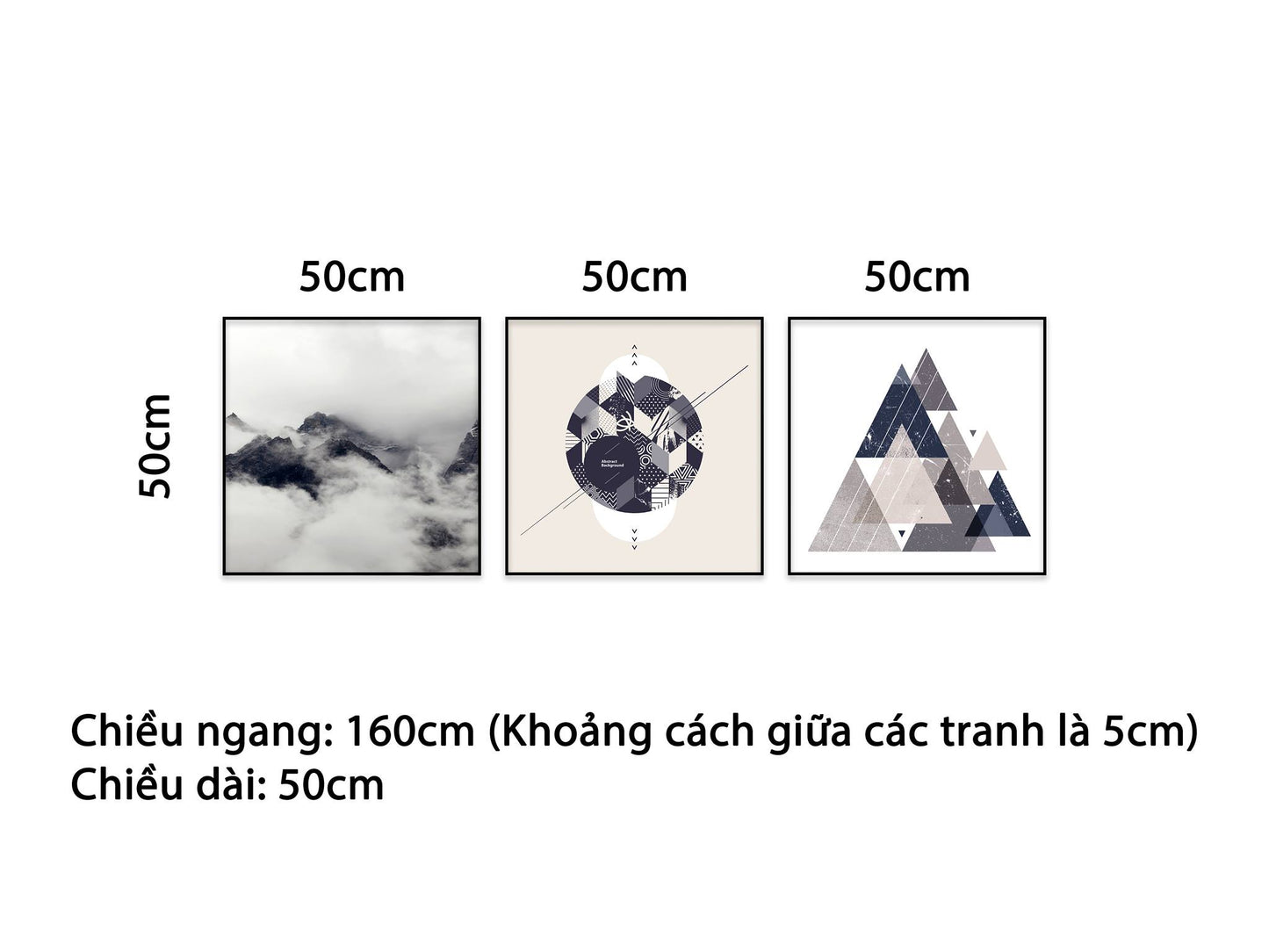 Bộ 3 Tranh Đỉnh Núi Sương Mờ Và Khối Hình Học - NT489