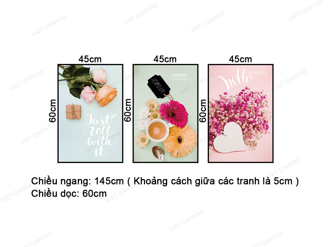 Bộ 3 Tranh Ngọt Ngào Ly Cafe Bên Những Bông Hoa Xinh - NT454
