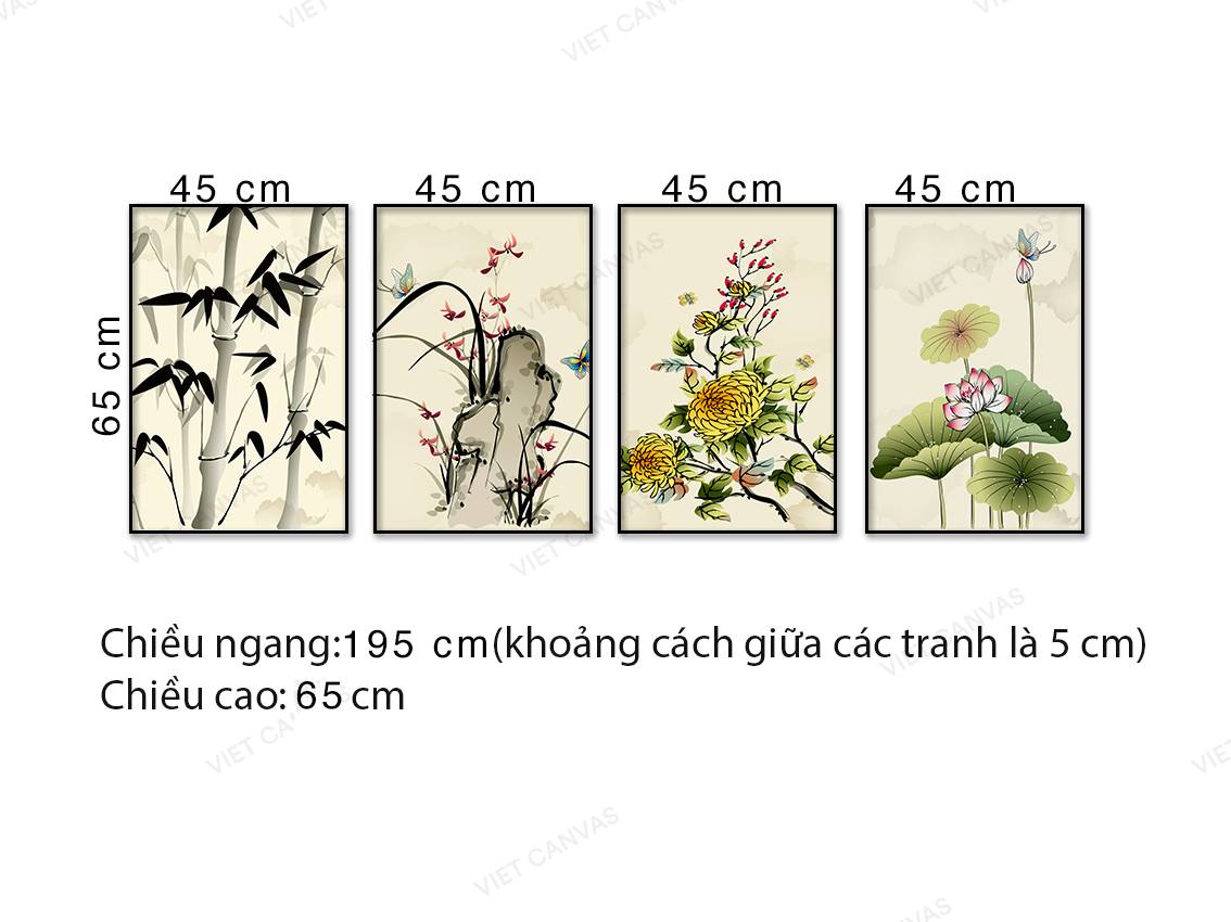 Bộ 4 Tranh Cành Trúc, Đám Cỏ, Cánh Hoa Và Hồ Sen - NT495