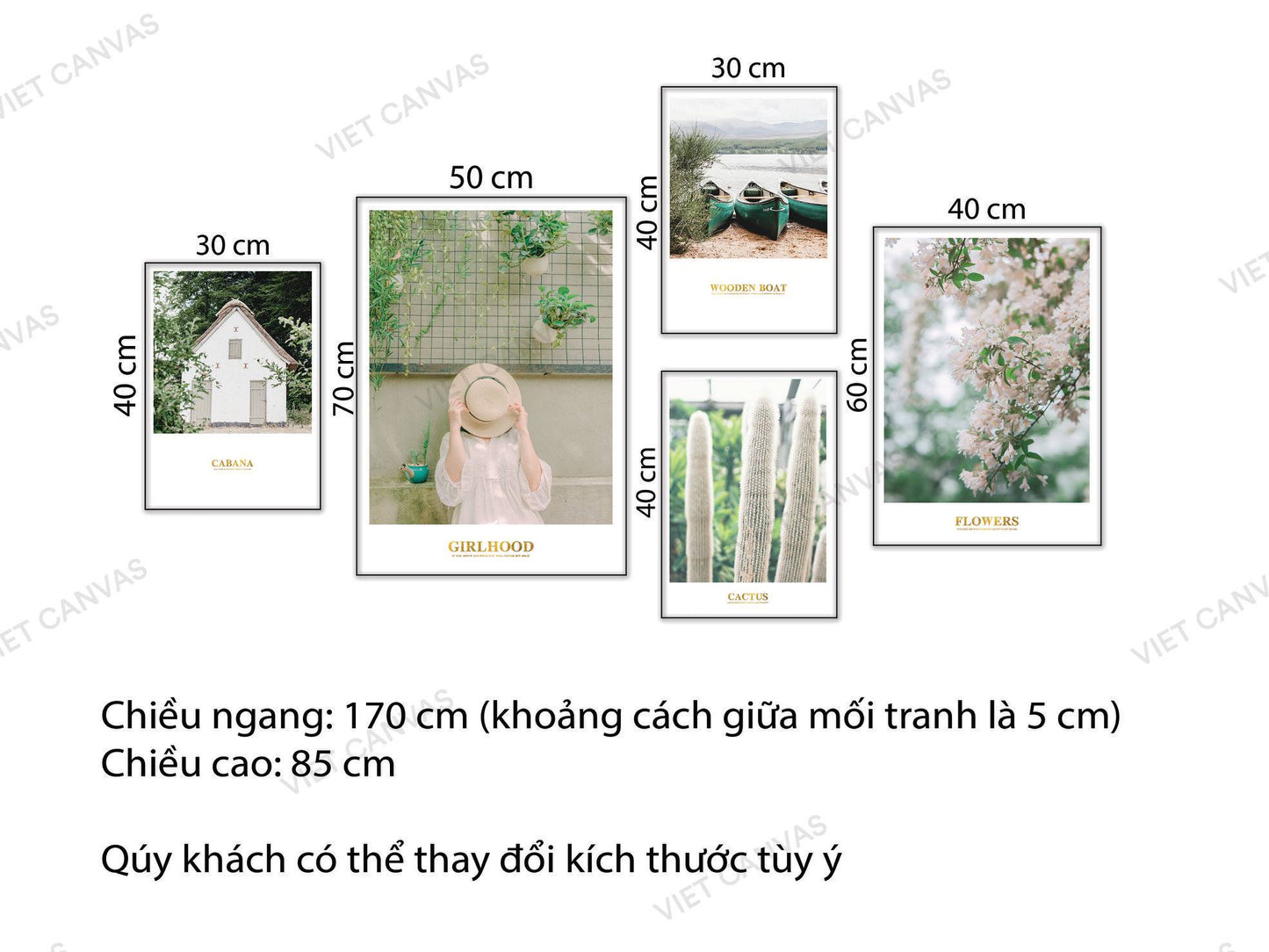 Bộ 5 Tranh Ngôi Nhà, Cô Gái, Hoa Lá Và Chiếc Thuyền - NT728