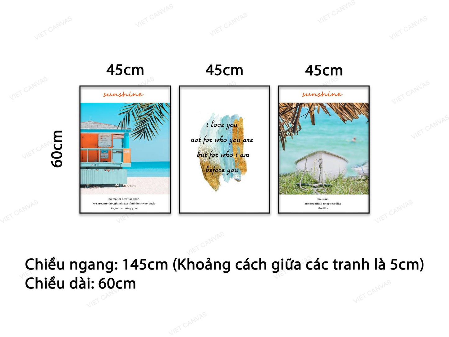 Bộ 3 Tranh Biển Xanh, Chiếc Thuyền Nhỏ Xinh Và Quotes - NT816