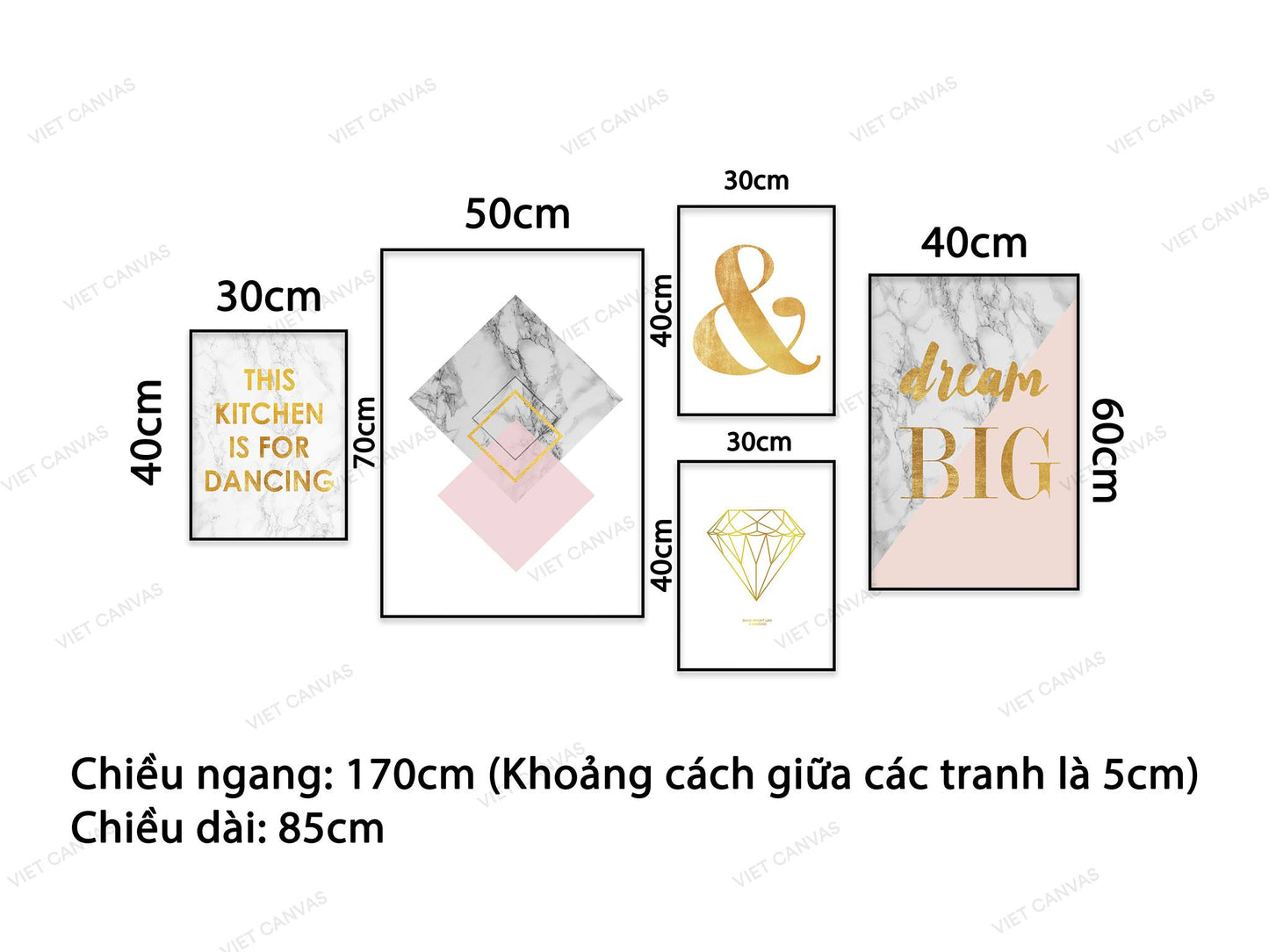 Bộ 5 Tranh Kim Cương, Hình Học Và Quotes - NT779