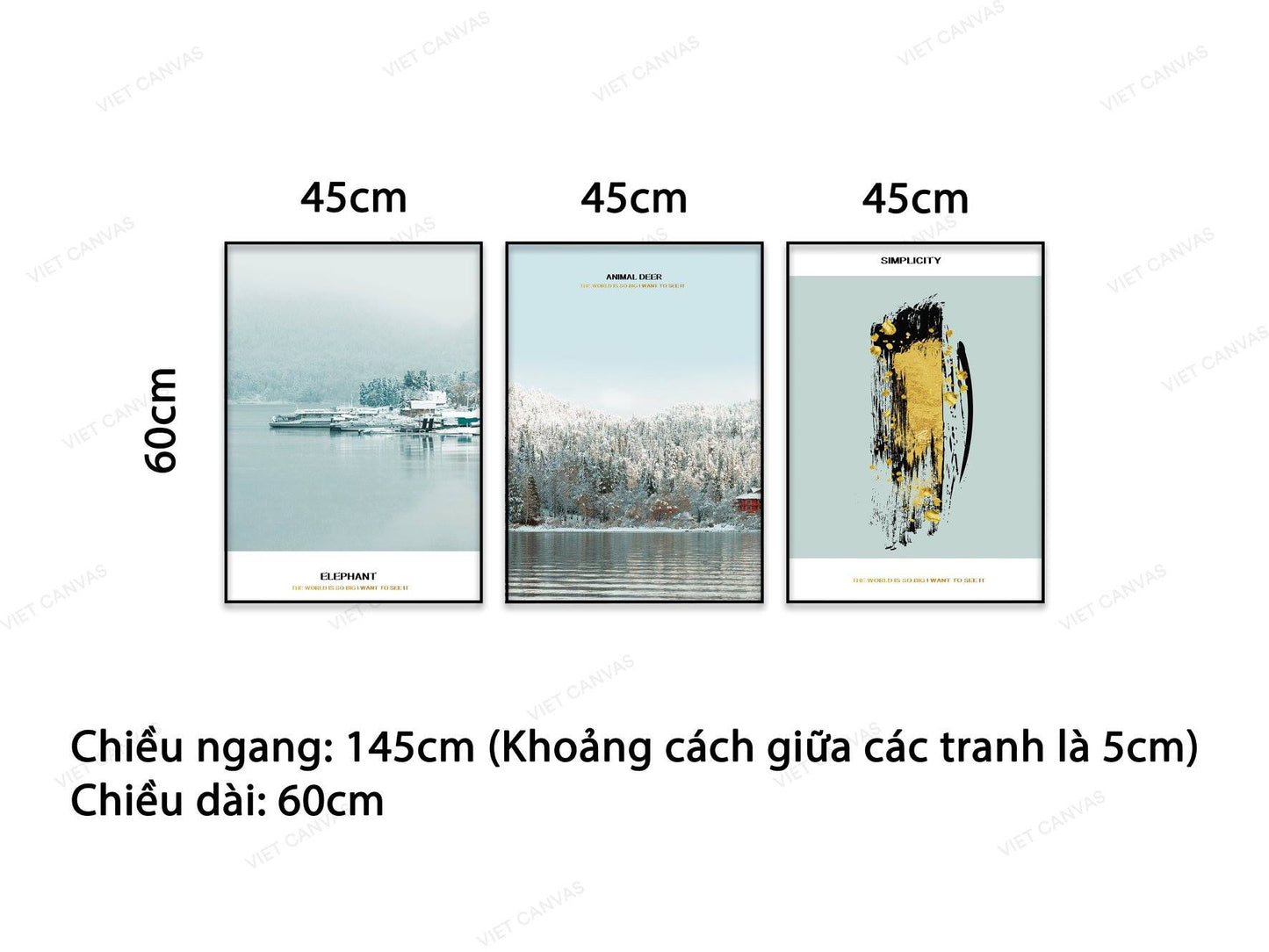 Bộ 3 Tranh Khung Rừng Tuyết Và Trừu Tượng Vàng Đen Xanh - NT808