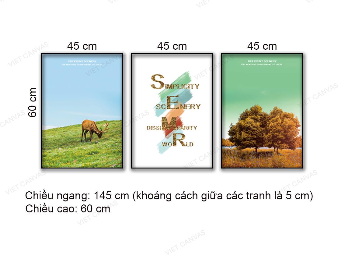 Bộ 3 Tranh Hươu Ăn Cỏ, Khu Rừng Và Quotes - NT771