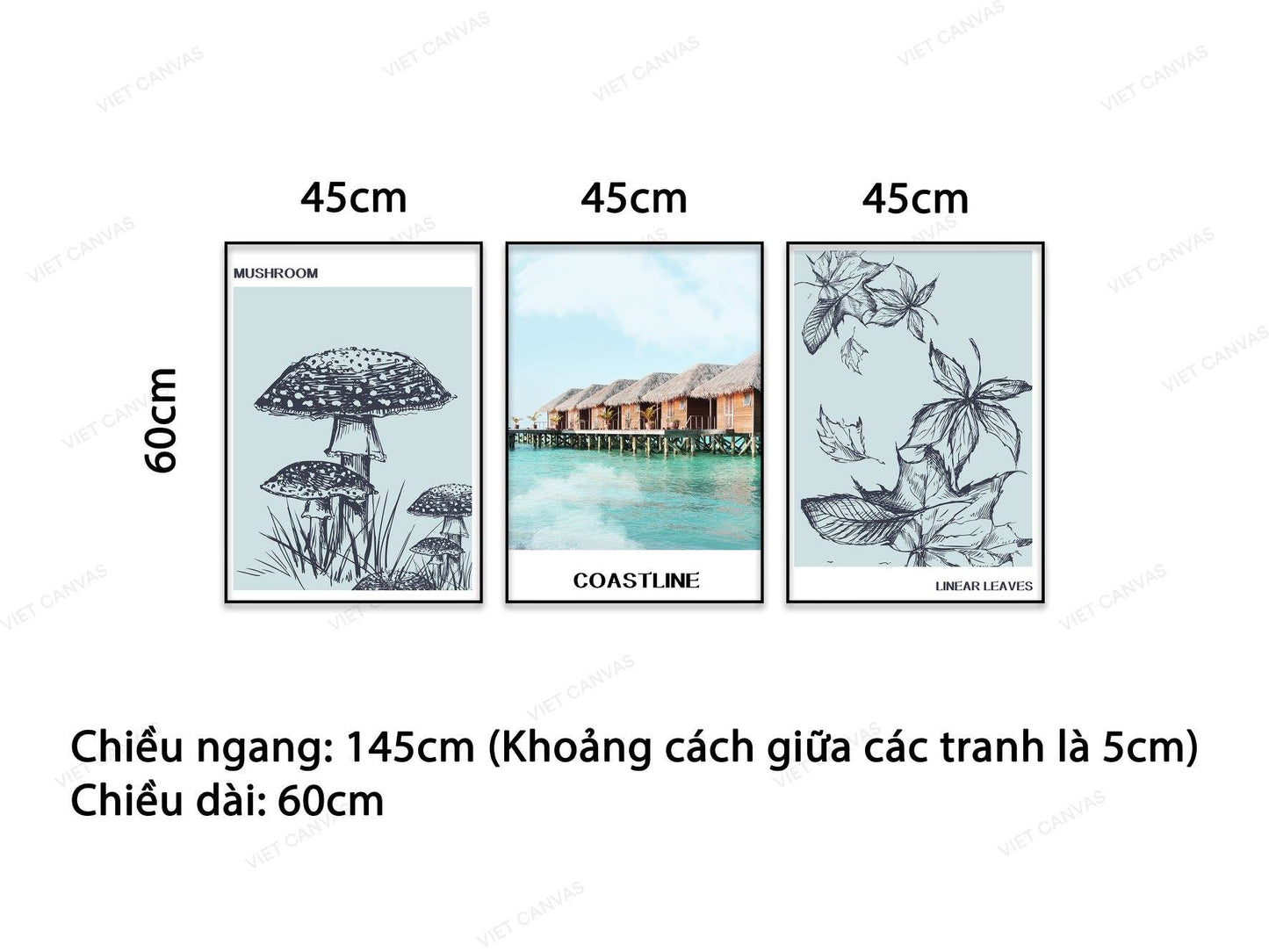 Bộ 3 Tranh Vẻ Đẹp Giản Dị Bên Bờ Biển, Cây Nấm Và Lá Cây - NT804