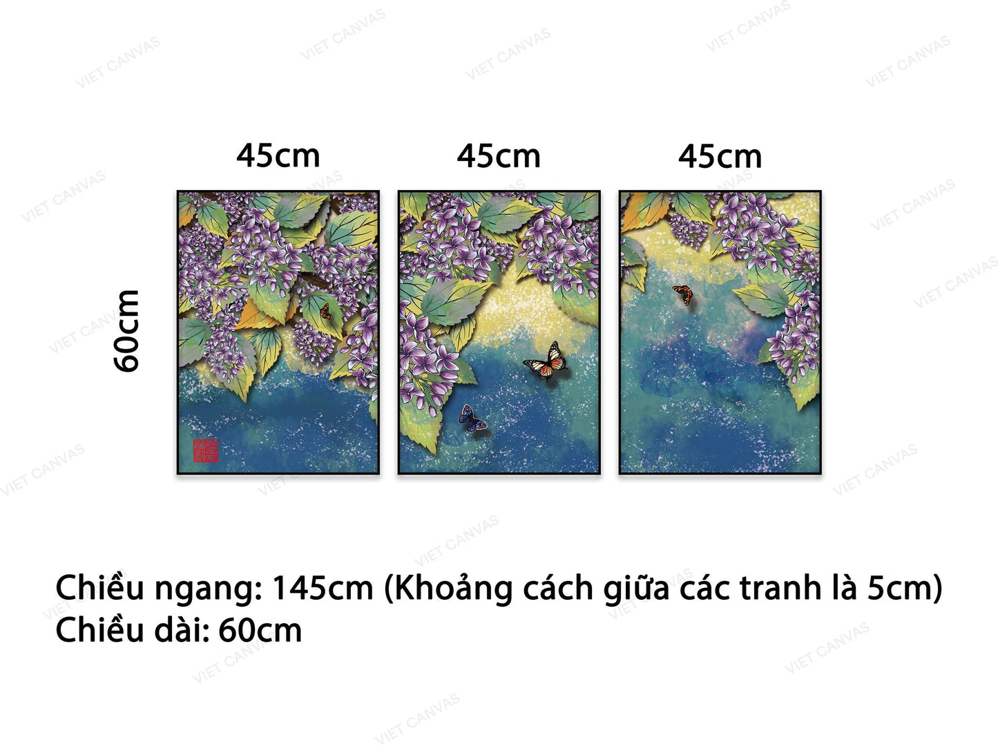 Bộ 3 Tranh Nhành Hoa Tím Và Chú Bướm - NT880