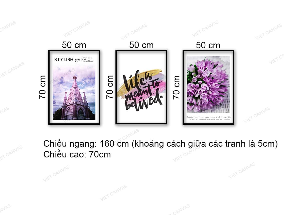 Bộ 3 Tranh Tòa Lâu Đài, Hoa Tím Và Quotes - NT933