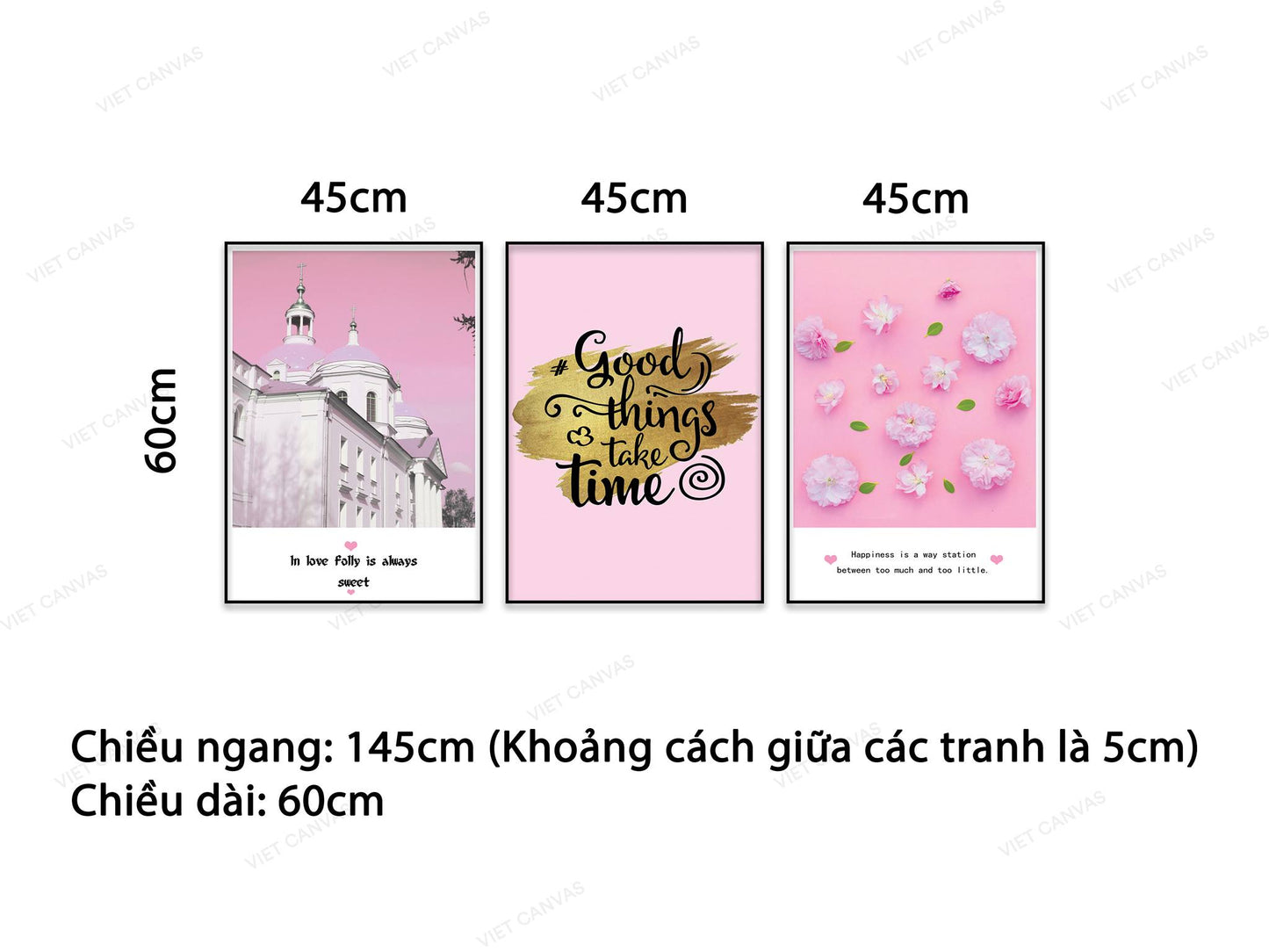 Bộ 3 Tranh Tòa Lâu Đài, Hoa Lá Và Quotes Good Things Take Time - NT921