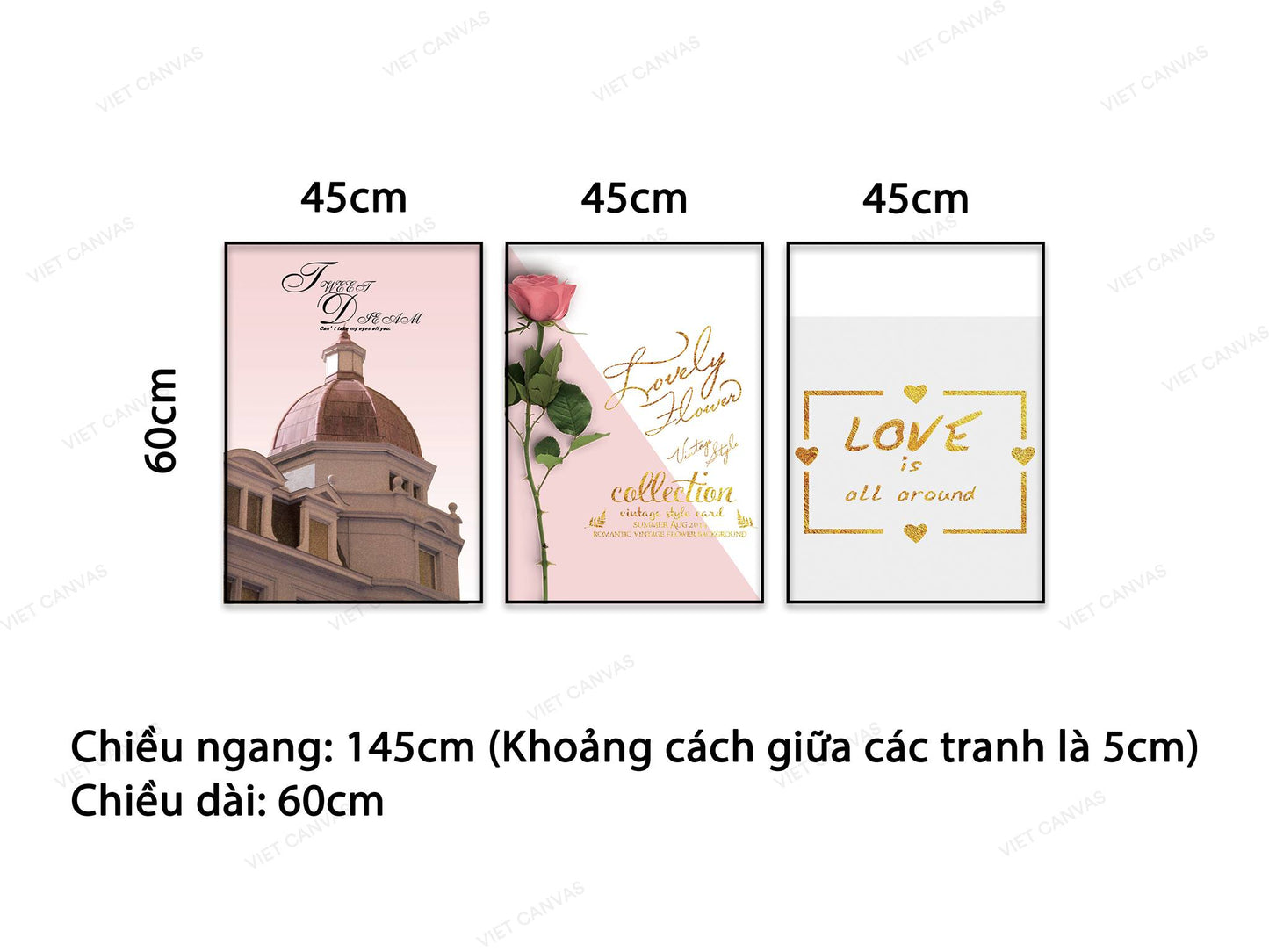 Bộ 3 Tranh Tòa Lâu Đài, Cành Hoa Hồng Và Quotes Love Is All Around - NT918