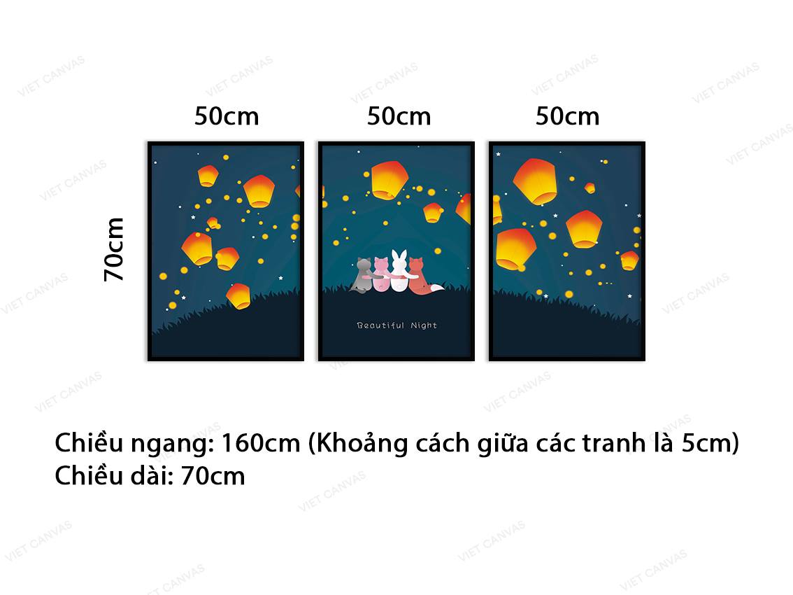 Bộ 3 Tranh Mèo Và Thỏ Cùng Ngắm Lồng Đèn Bay - VB960