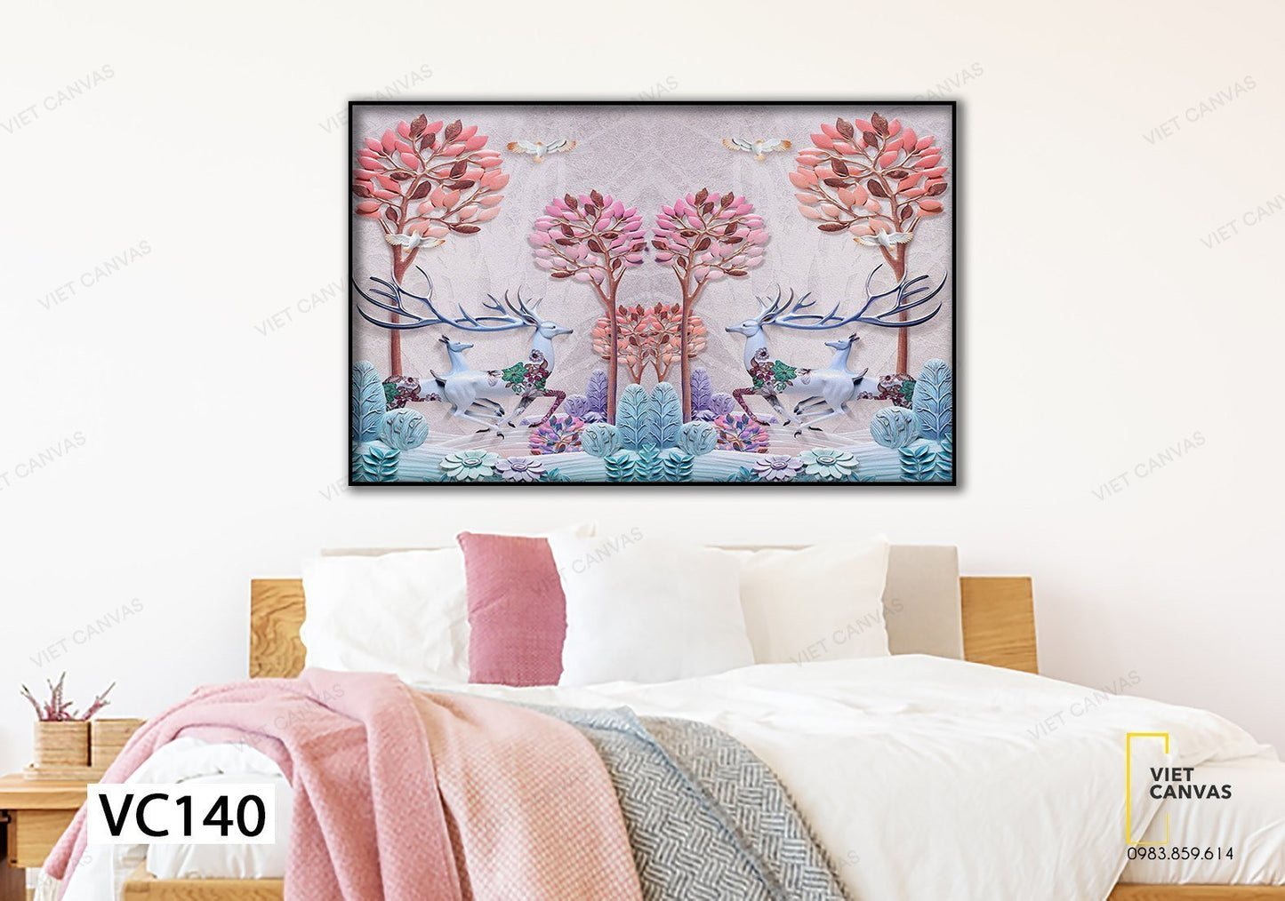 Tranh Hoa Lá Nhảy Múa Giữa Thiên Nhiên Cùng Hươu Và Chim - VC140