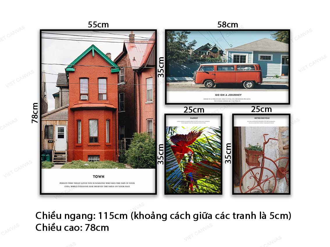 Bộ 4 Tranh Ngôi Nhà, Ô Tô, Vẹt Và Xe Đạp - VB922
